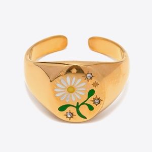 Flower Stamped 18K Gold Plated Stainless Steel Open Back Adjustable Signet Ring
